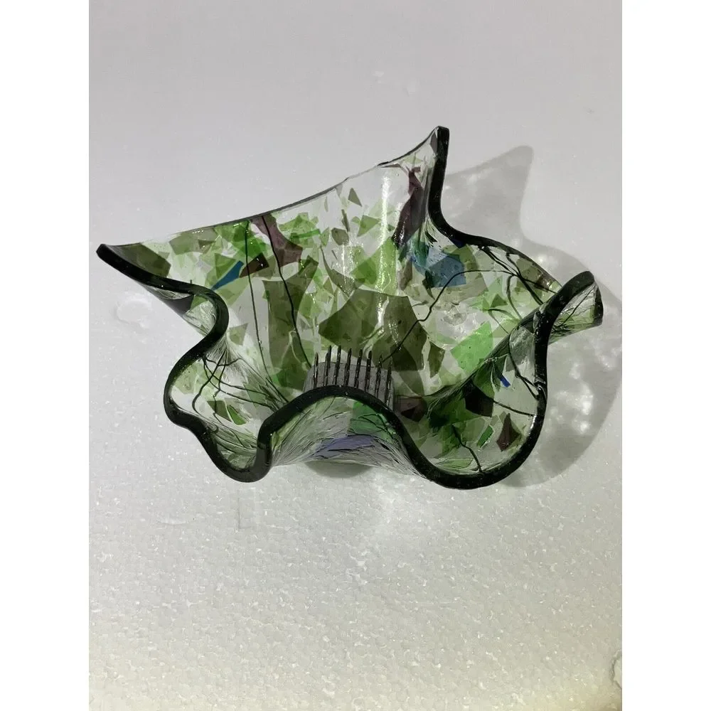 Folded  Hankerchif Clear W/ Blue‎ Green Glass / Votive Holder / With Flower Frog